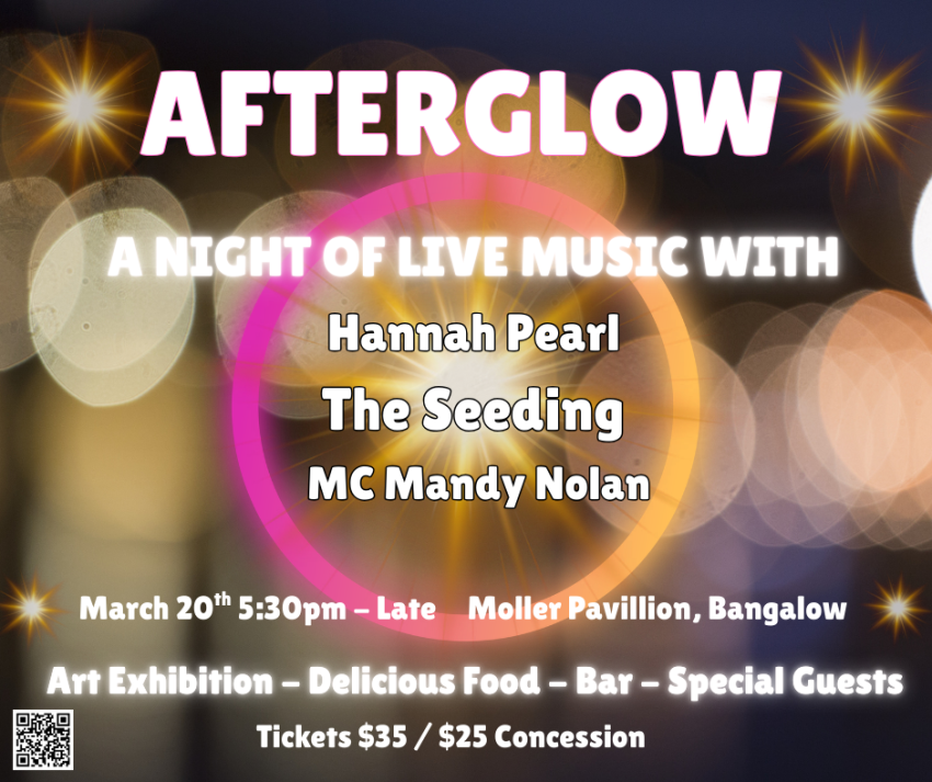 Artwork and graphic for event Afterglow – A night of live music, 5:30pm til late 20/03/2026  Moller Pavilion, Market St, Bangalow NSW 2479