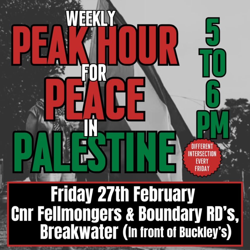 Artwork and graphic for event Peack Hour for Peach in Palestine, 5pm-6pm 27/02/2026 Myers St & Moorabool St, Djilang (Geelong)