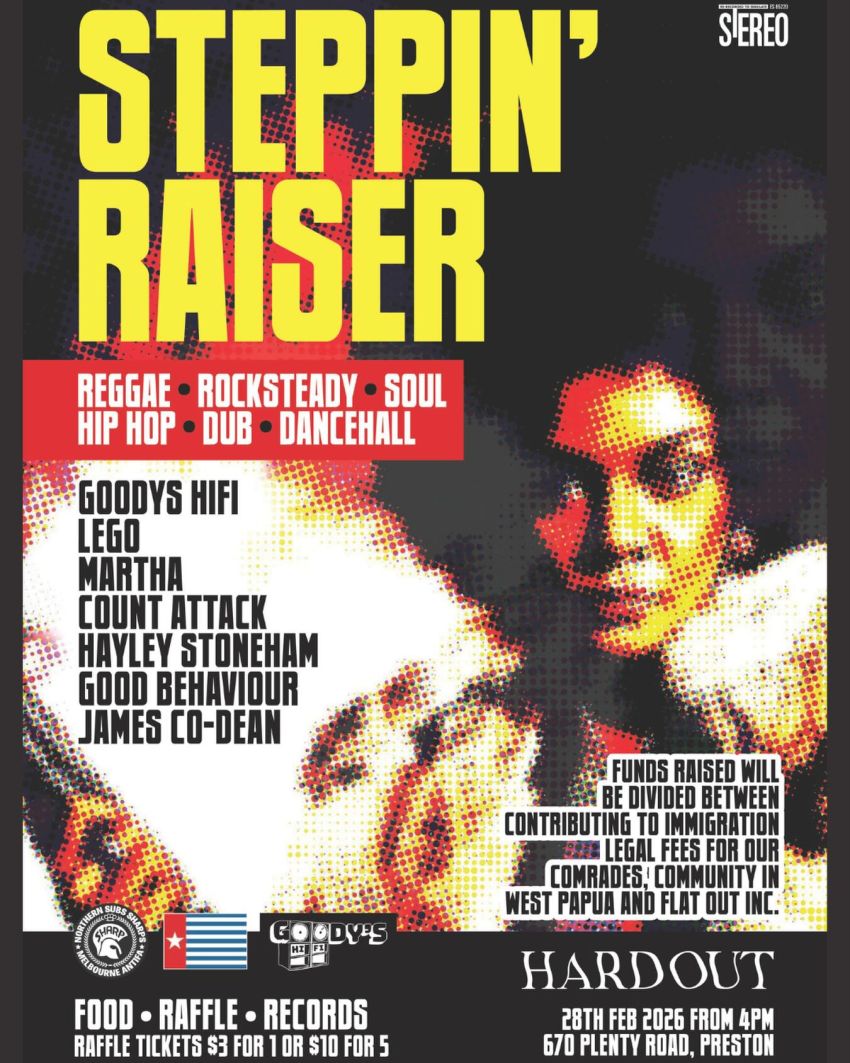 Artwork and poster for event Steppin’ Raiser, from 4pm 28/02/2026 HARDOUT, 670 Plenty Rd, Preston VIC 3073