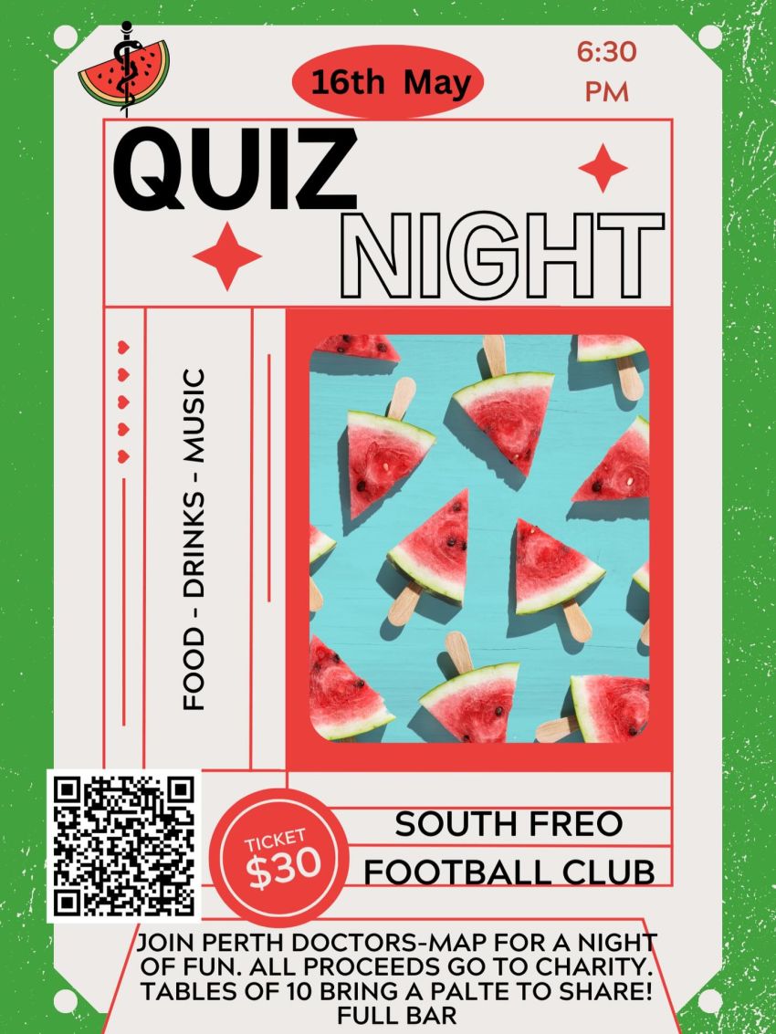 Artwork and poster for event Perth Doctors Medical Aid for Palestine Quiz Night, 6:30pm-9:30pm 16/05/2026 South Fremantle Football Club, Parry St, Fremantle WA 6160