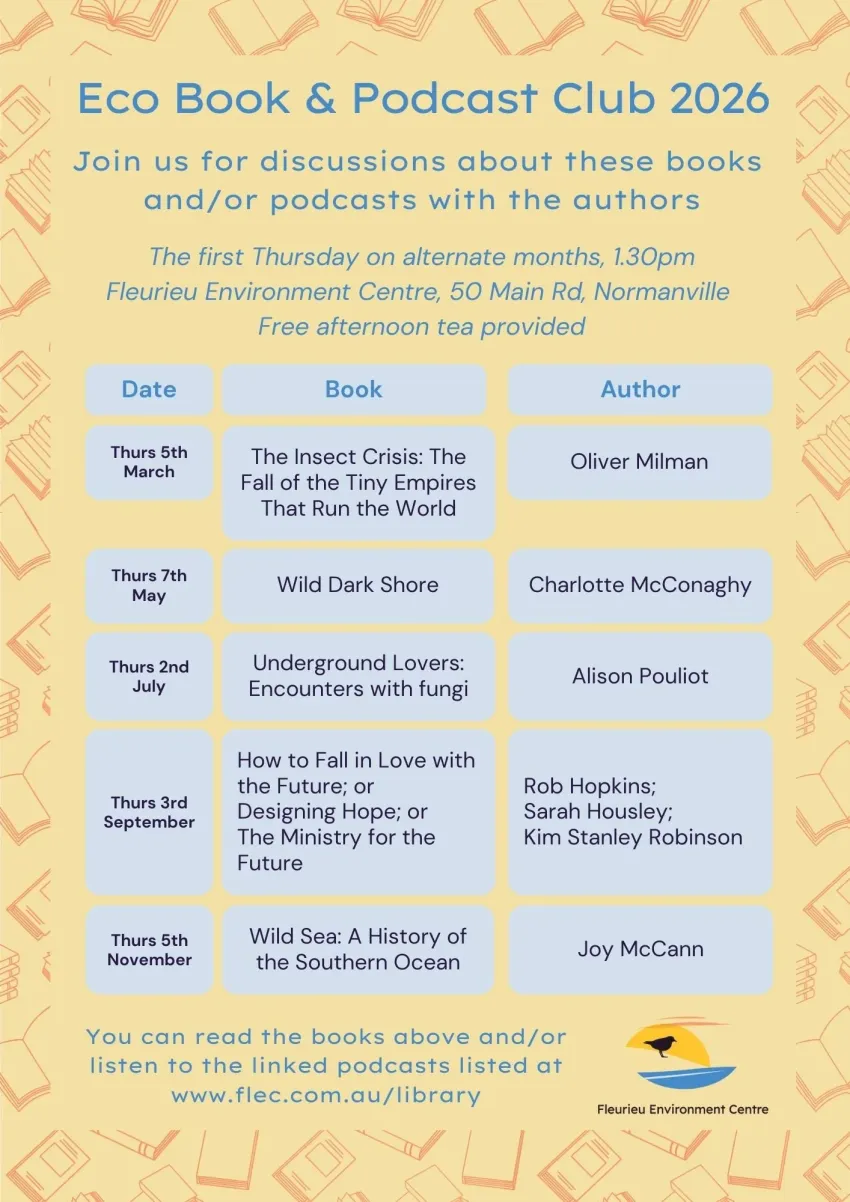 Artwork and poster for event calendar Fleurieu Eco Book and Podcast Club