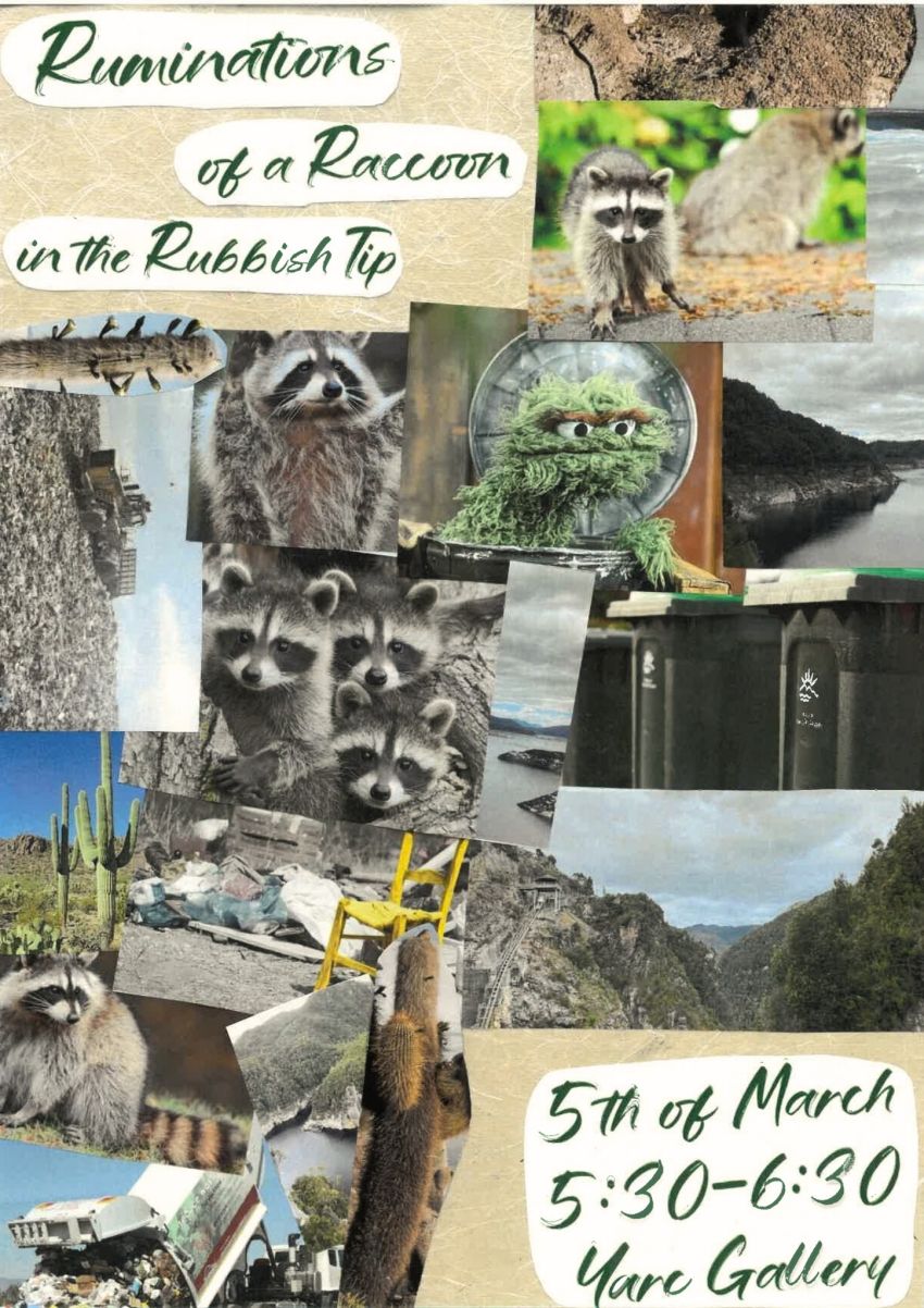 Artwork and poster for event YARC Gallery Exhibition Opening: Ruminations of a Racoon in the Rubbish Tip, 5:30pm-6:30pm 05/03/2026 YARC Gallery, 1 Market Place, Hobart TAS 7000