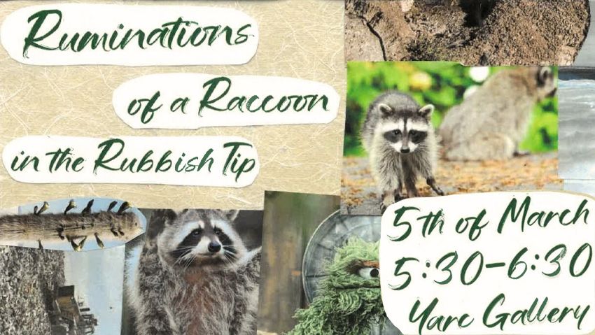 Artwork and graphic for event YARC Gallery Exhibition Opening: Ruminations of a Racoon in the Rubbish Tip, 5:30pm-6:30pm 05/03/2026 YARC Gallery, 1 Market Place, Hobart TAS 7000