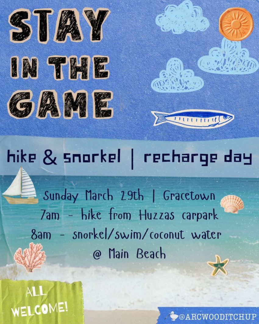 Artwork and poster for event Stay In The Game – Hike & Snorkel Recharge Day, 7am hike from Huzzas Carpark, 8am snorkel/swim/coconut water at Main Beach 29/03/2026 Gracetown WA 6284