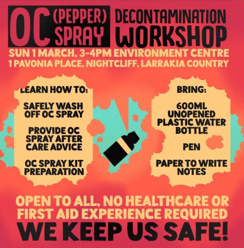 Artwork and graphic for event Pepper spray decontamination workshop, 3pm-4pm 01/03/2026 ECNT Nightcliff Space, 1 Pavonia Pl, Nightcliff NT 0810