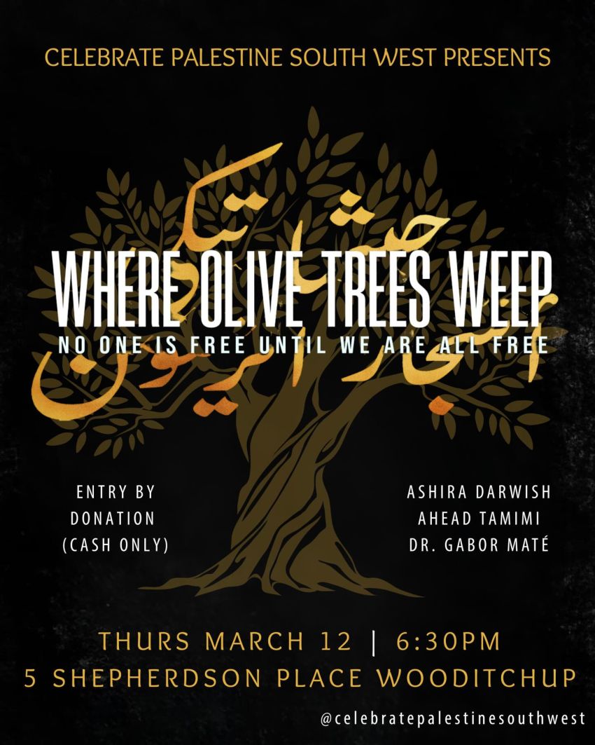 Artwork and poster for event Film screening: Where Olive Trees Weep, 6:30pm 12/03/2026 Margaret River Mens Shed, 5 Shepherdson Pl, Margaret River WA 6285