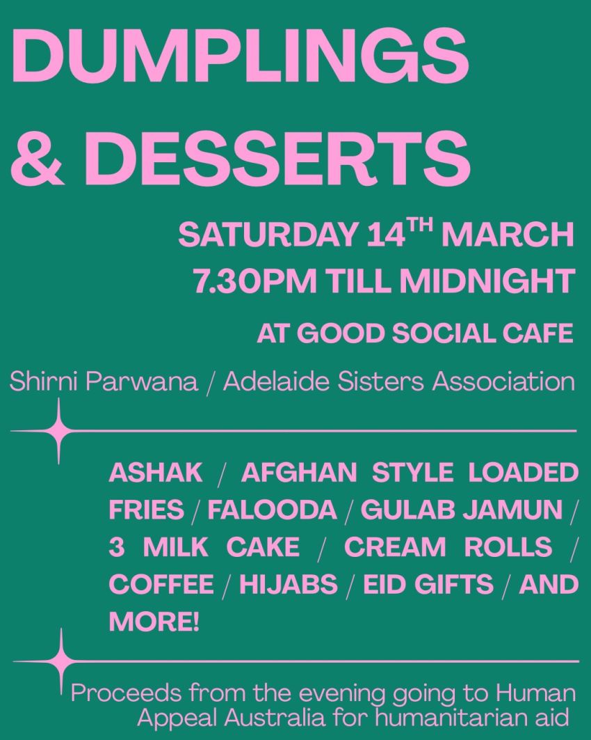 Artwork and poster for event Dumplings & Deserts night, 7:30pm 14/03/2026 until midnight, Good Social Cafe, 307 Wright St, Adelaide SA 5000