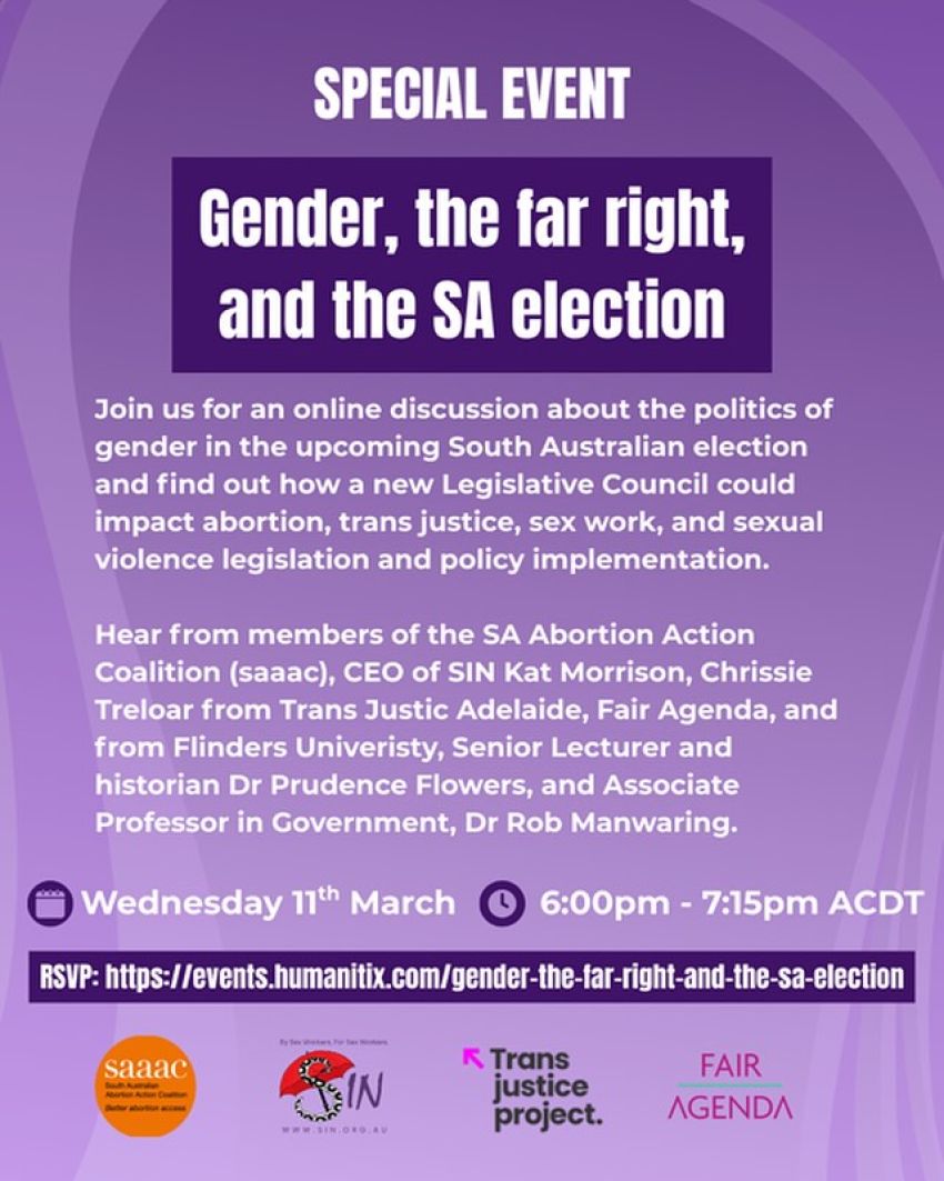 Artwork and poster for event Online forum: Gender, the far right and the SA election, 6pm-7:15pm 11/03/2026 online