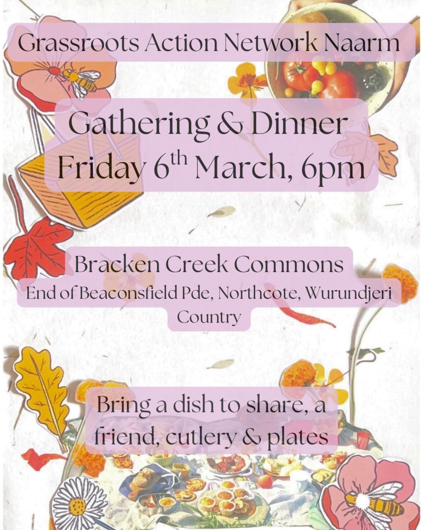 Artwork and poster for event Community Gathering & Potluck Dinner, 6pm 06/03/2026 Bracken Creek Commons, end of Beaconsfield Parade, Northcote VIC 3070