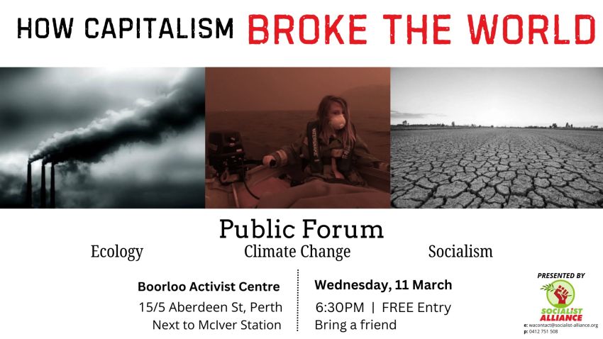 Graphic advertising the public forum "How Capitalism Broke the World"
