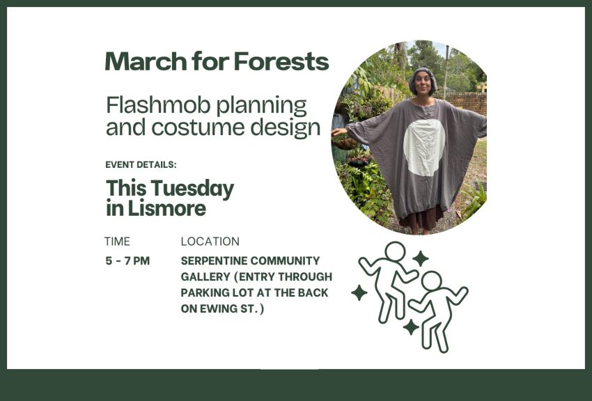Artwork and graphic for event March for Forests Flashmob planning and costume design – Serpentine Community Gallery, 5pm-7pm 03/03/3036 Serpentine Community Gallery, 106 Conway St, Lismore NSW 2480
