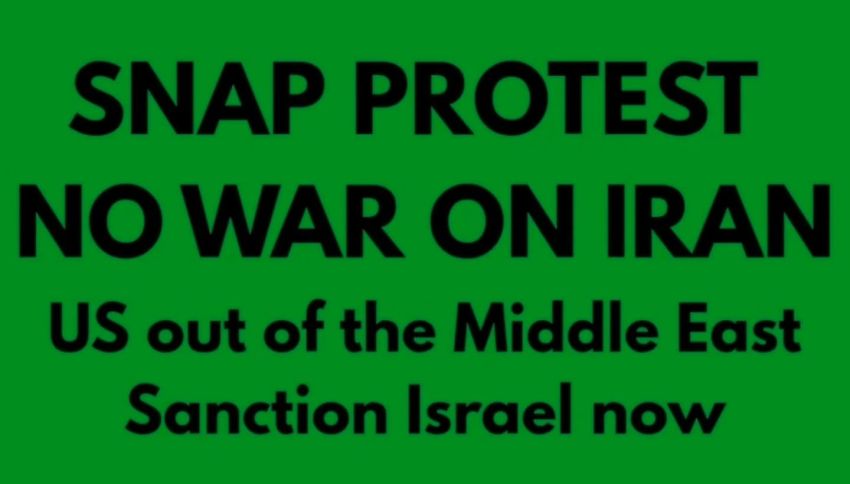 Artwork and graphic for event Snap protest: No War On Iran, 12pm 01/03/2026 State Library Victoria, 328 Swanston St, Melbourne VIC 3000