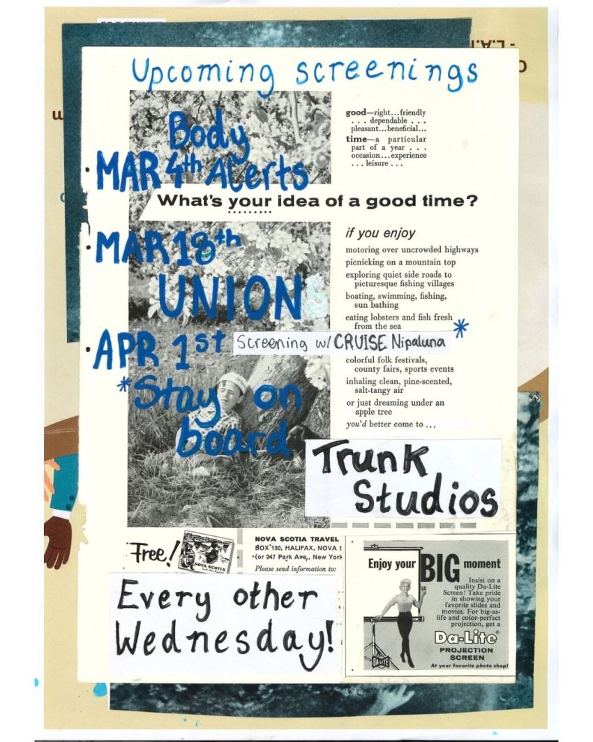 Artwork and poster for upcoming film screenings at Trunk Studio