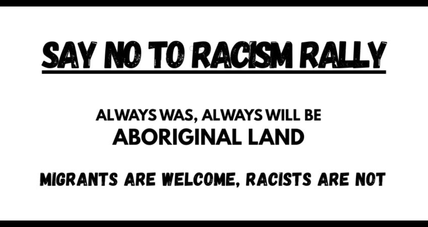 Artwork and graphic for event Say No to Racism Rally, 11am 28/03/2026 Alexandria Bandstand, Sturt St Gardens, 128 Sturt St, Ballarat Central VIC 3350