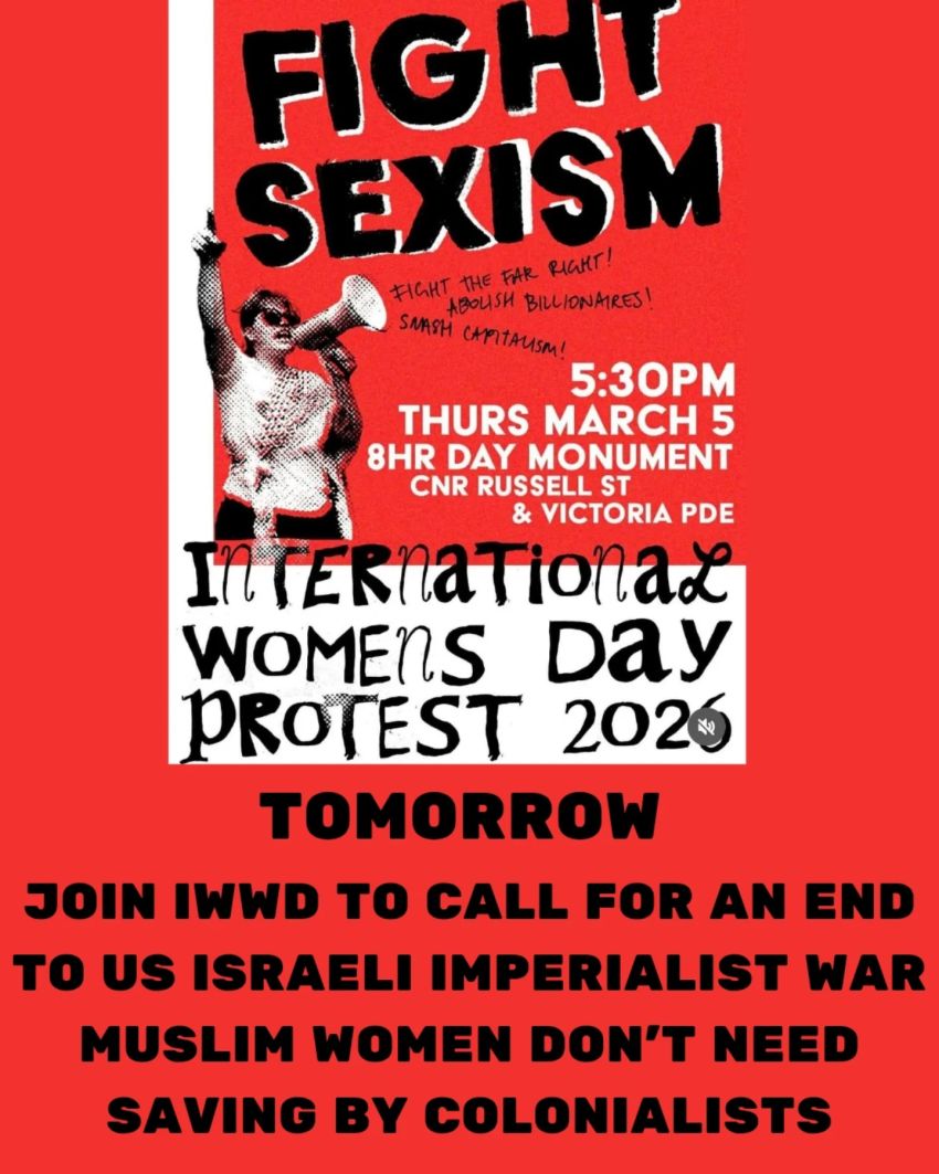 Artwork and poster for event Fight Sexism: International Working Women's Day protest, 5:30pm 05/03/2026 Russell St & Victoria St Melbourne VIC 3000