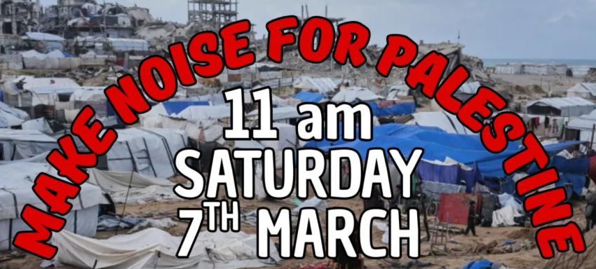 Artwork and graphic for event, Make Noise For Palestine, 11am 07/03/2026 Eastern Beach Rd & Moorabool St Geelong VIC 3220