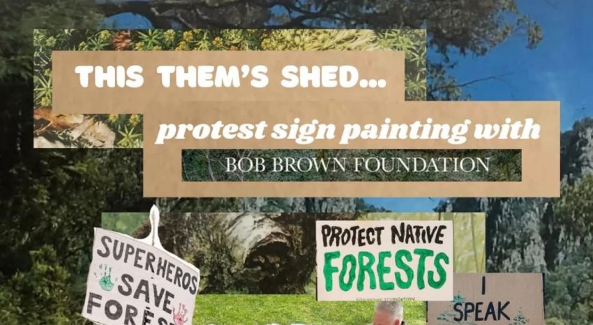 Artwork and graphic for event March in March for Forests: Banner and Sign painting @ Them's Shed, 10am-2pm 07/03/2026, Rewind Sound & Studios, 7A Barrpowell St, Welland SA 5007