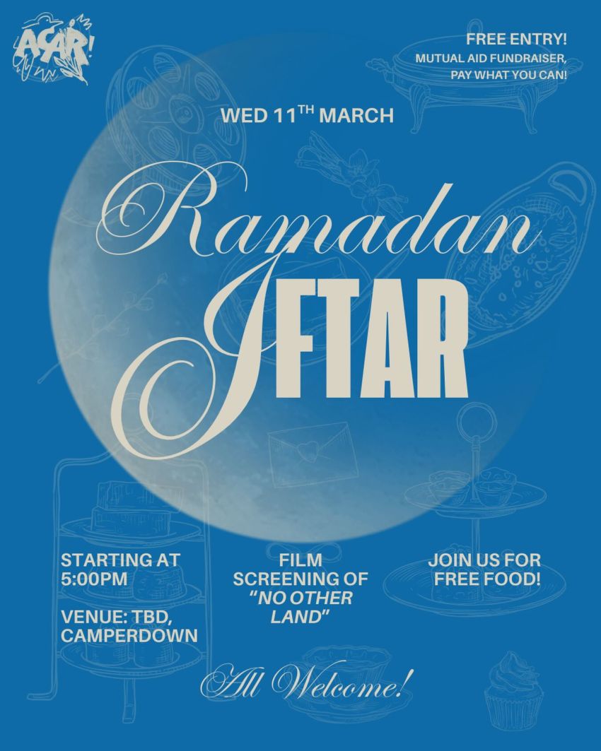 Artwork and graphic for event Ramadan Iftar, film at 5pm, food at 7:30pm 11/03/2026, Camperdown NSW 2050, venue to be announced