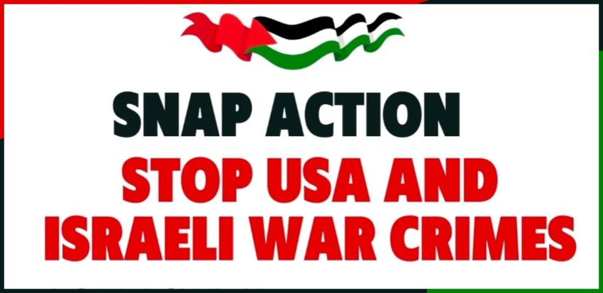 Artwork and graphic for event Snap action: Stop USA and Israeli War Crimes, 5pm 06/03/2026 Kate Thwaite's office, 37 Burgundy St, Heidelberg VIC 3084