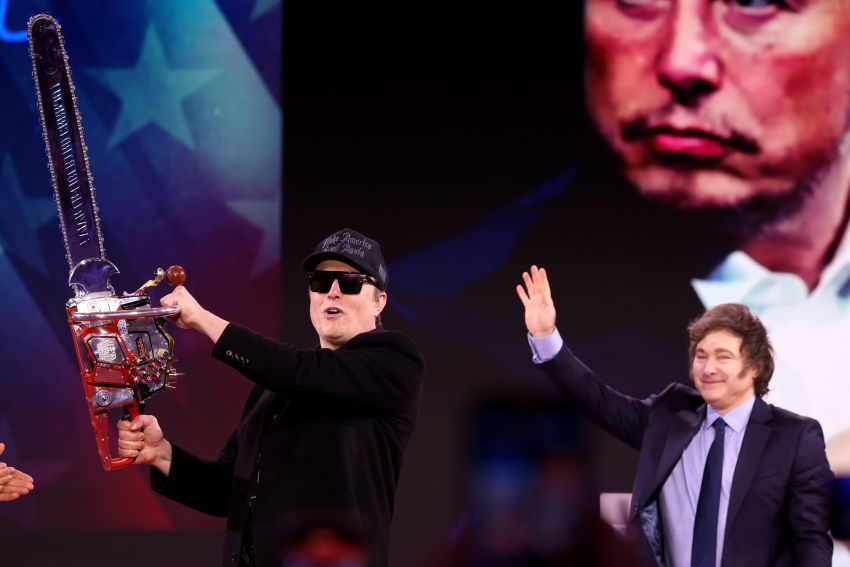 Elon Musk with chainsaw and Javier Milei