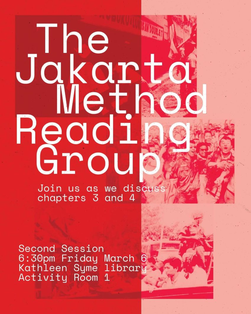 Artwork and poster for event The Jakarta Method Reading Group session 1, 6:30pm 06/02/2026 Kathleen Syme Library Activity Room 1, Carlton VIC 3053