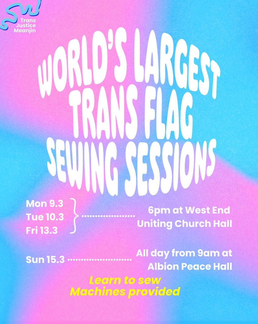 Artwork and poster for event World’s Largest Trans Flag Sewing Sessions, March 2026
