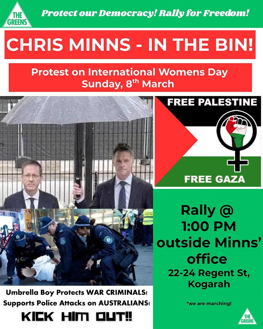 Artwork and poster for event Chris Minns – In The Bin! Protest on International Women's Day, 1pm 08/03/2026 Chris Minns' office, 22-24 Regent St, Kogarah NSW 2217