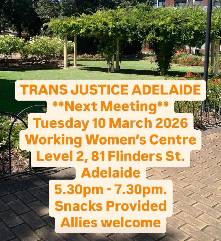 Artwork and poster for event, Trans Justice Adelaide Meeting, 5:30pm-7:30pm 210/03/2026 Working Women's Centre, Level 2, 81 Flinders St Adelaide SA 5000