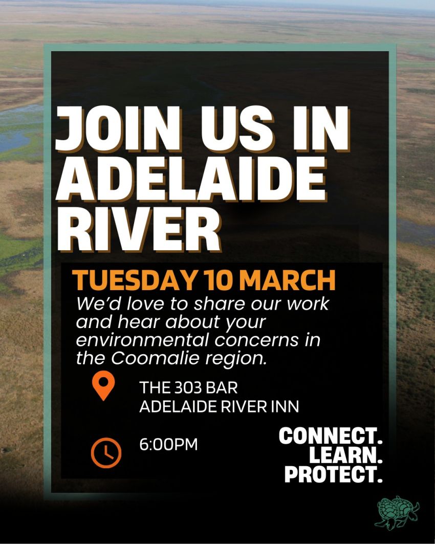 Artwork and poster for Enviro Centre NT catch-up, 6pm 10/03/2026 303. BAR Adelaide River Inn, 12 Dogherty St, Adelaide River NT 0846