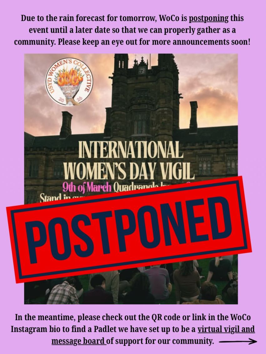 Artwork and poster for event International Women's Day Vigil, 6pm 09/03/2026 University of Sydney Quadrangle, University Pl, Camperdown NSW 2050