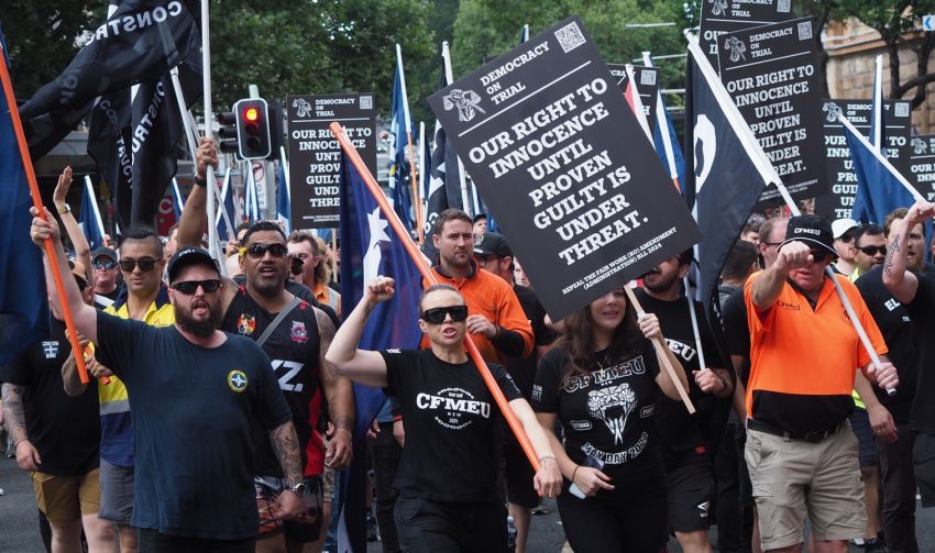 CFMEU members and supporters marching against attacks on the CFMEU