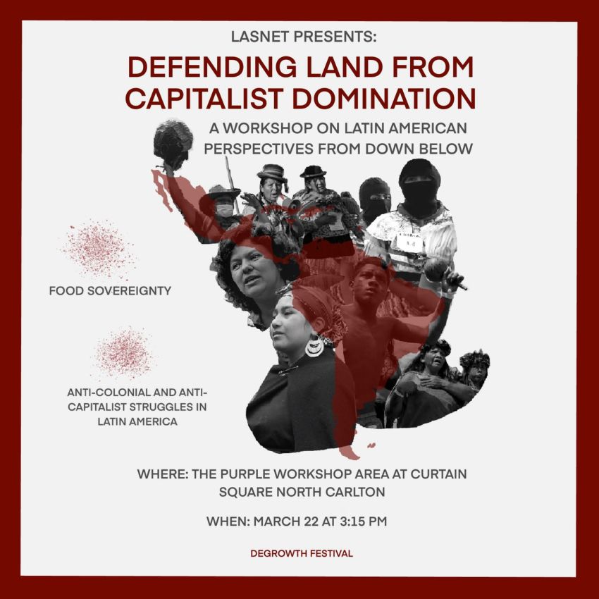 Artwork and graphic for event Defending Land from Capitalist Domination, a Degrowth Festival workshop, 3:15pm 22/03/2026, purple workshop area, Curtain Square, Rathdowne St, Carlton North VIC 3054
