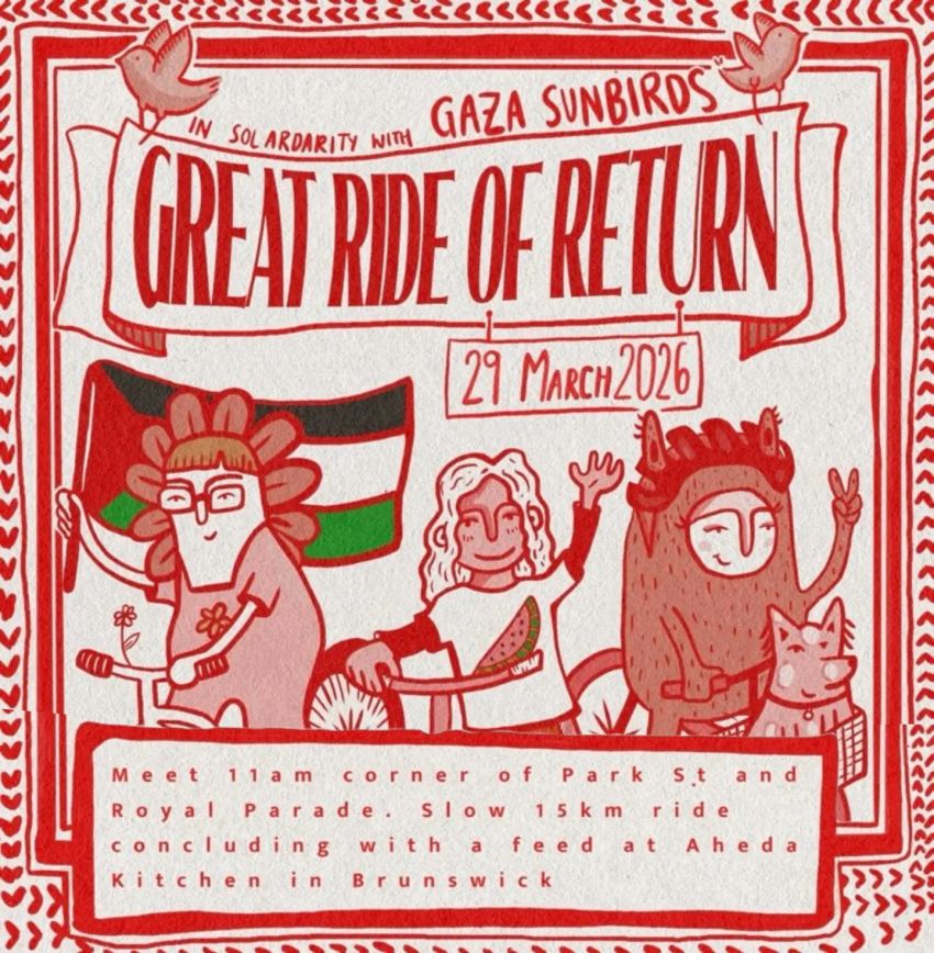 Artwork and graphic for event Great Ride of Return – Naarm, 11am 29/03/2026 Royal Parade & Park St, Brunswick VIC 3056