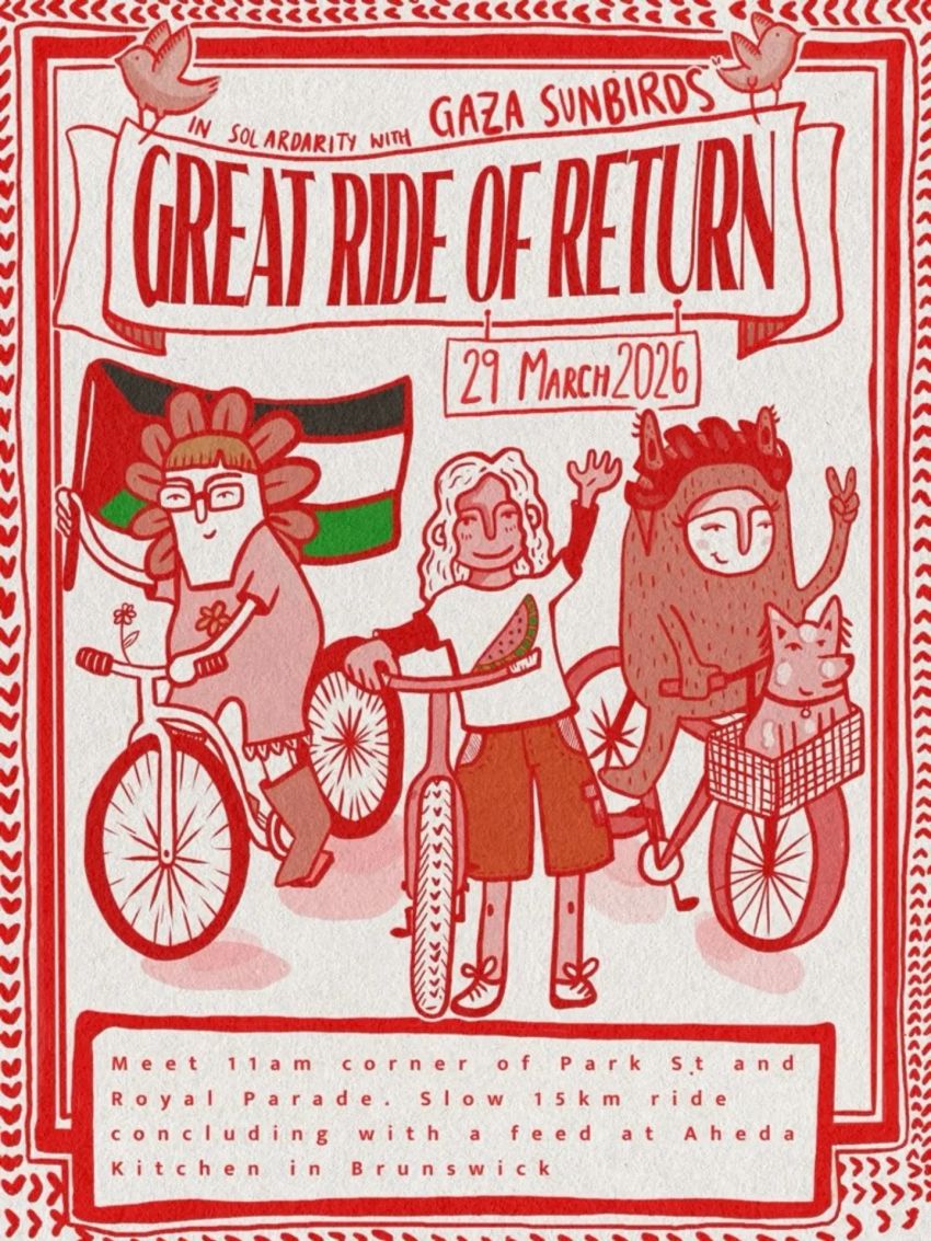 Artwork and poster for event Great Ride of Return – Naarm, 11am 29/03/2026 Royal Parade & Park St, Brunswick VIC 3056