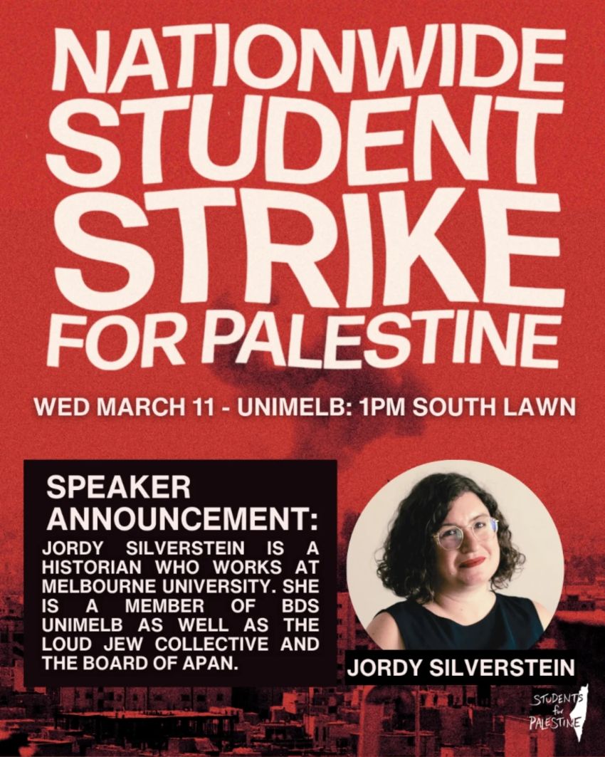 Artwork and poster for event Join the University of Melbourne contingent to the Nationwide Student Strike for Palestine, 1pm South Lawn, Parkville VIC 3010