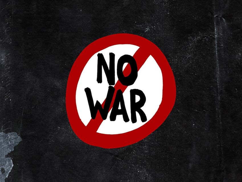Artwork and graphic that says NO WAR