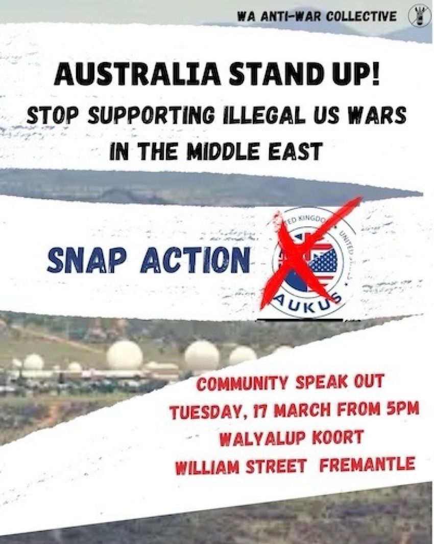 Flyer advertising speak-out against illegal US wars.