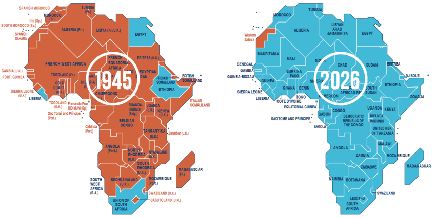 Two maps of Africa showing decolonisation from 1945 to 2026