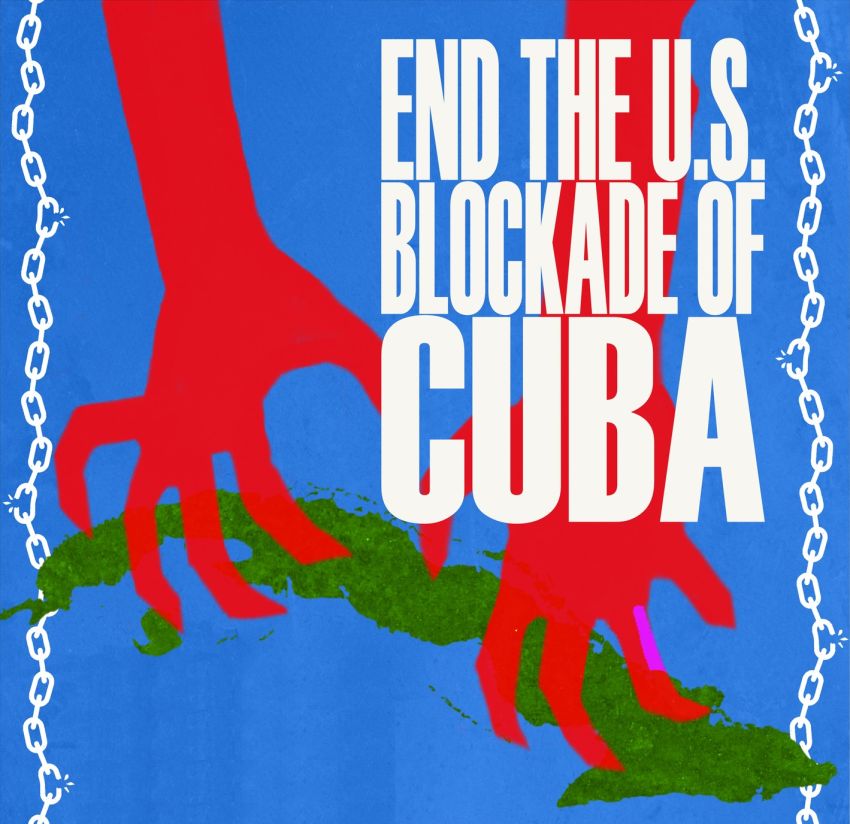 Artwork and graphic for event End the US blockade of Cuba, 10:30am 21/03/2026 Sydney Town Hall. 483 George St Sydney, Gadigal Country NSW 2000