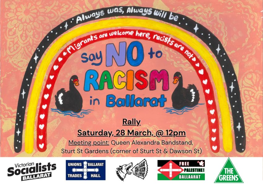 Artwork and graphic for event Say No to Racism in Ballarat rally, 11am 28/03/2026 Queen Alexandria Bandstand, Sturt St Gardens, 128 Sturt St, Ballarat Central VIC 3350