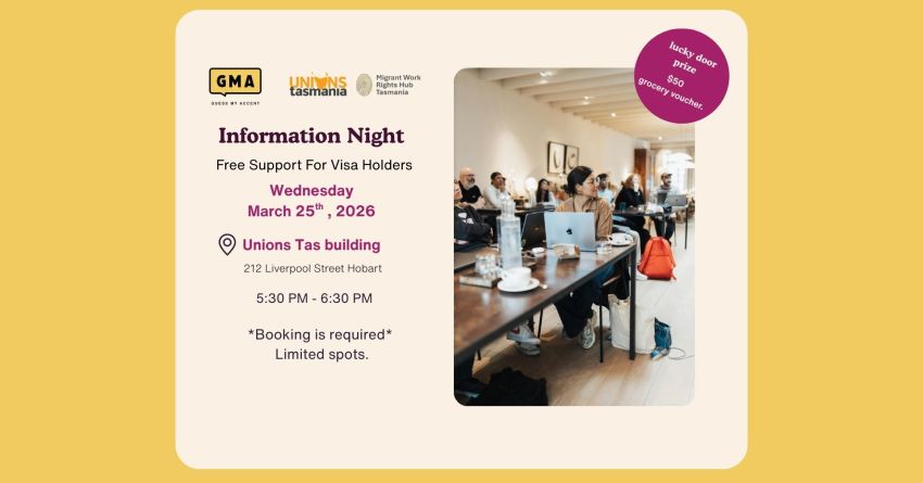 Artwork and graphic for event Your Rights at Work in Australia: Info Session & Quiz Night, 5:30pm-6:30pm 25/03/2026 Unions Tasmania, 212 Liverpool St, Hobart TAS 7000
