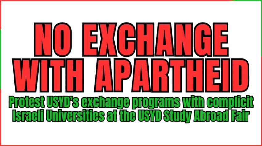 Artwork and graphic for event No Exchange With Apartheid, 1pm 26/03/2026 Quad Lawns, University of Sydney, Camperdown NSW 2050