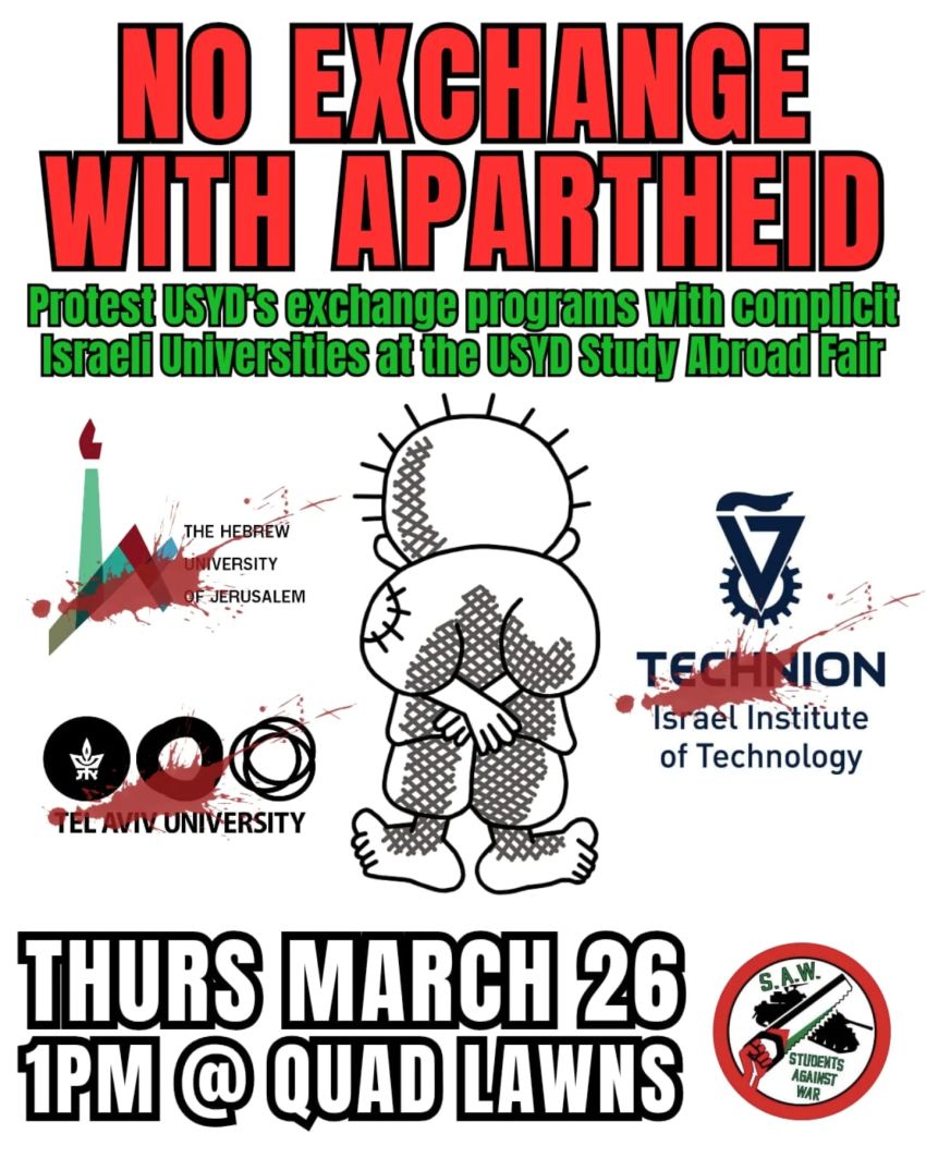 Artwork and poster for event No Exchange With Apartheid, 1pm 26/03/2026 Quad Lawns, University Pl, Camperdown NSW 2050