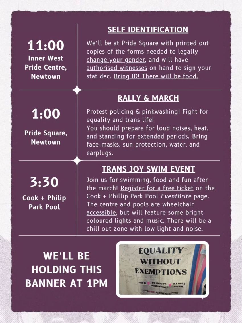 Artwork and leaflet back for event Join the student contingent at Trans Day of Visibility – Sydney, 1pm 29/03/2026 Pride Square, 1A Bedford St, Newtown NSW 2042