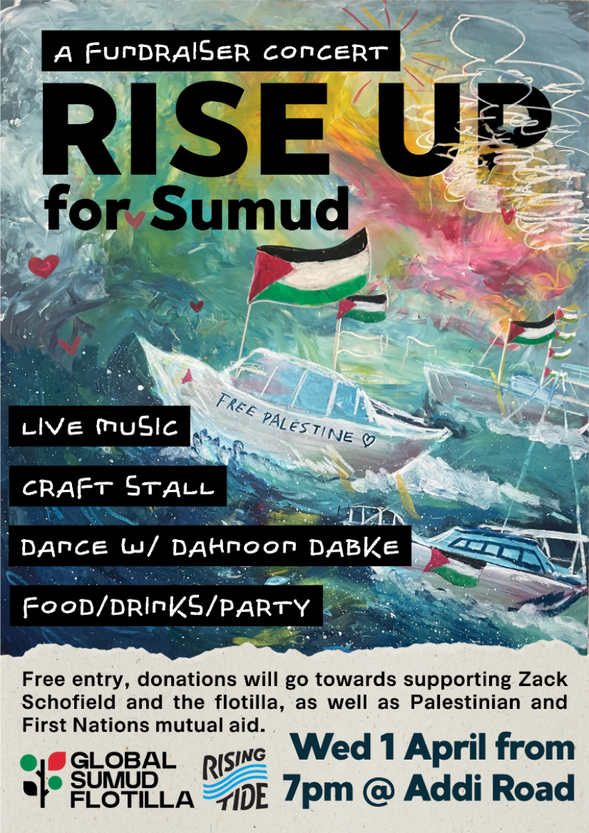 Artwork and poster for event Rise Up for Sumud – Fundraiser Concert, 7pm 01/04/2026 Addi Road Gumbramorra Hall, 142 Addison Rd, Marrickville NSW 2204