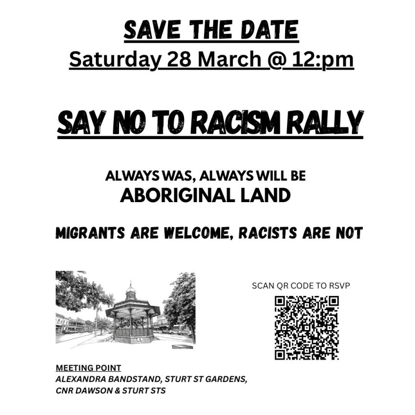 Artwork and poster for event Say No to Racism in Ballarat rally, 12pm 28/03/2026 Alexandria Bandstand, Sturt St Gardens, 128 Sturt St, Ballarat Central VIC 3350