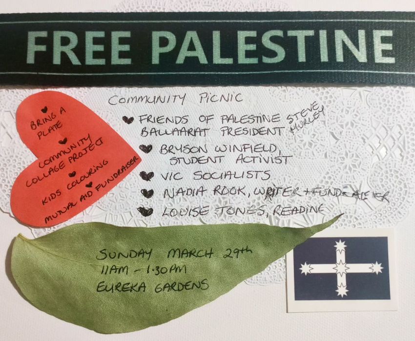 Artwork and graphic for event Free Palestine Community Picnic, 11am-1:30pm 29/03/2026 Eureka Stockade Gardens, 121 Stawell St S, Ballarat East VIC 3350