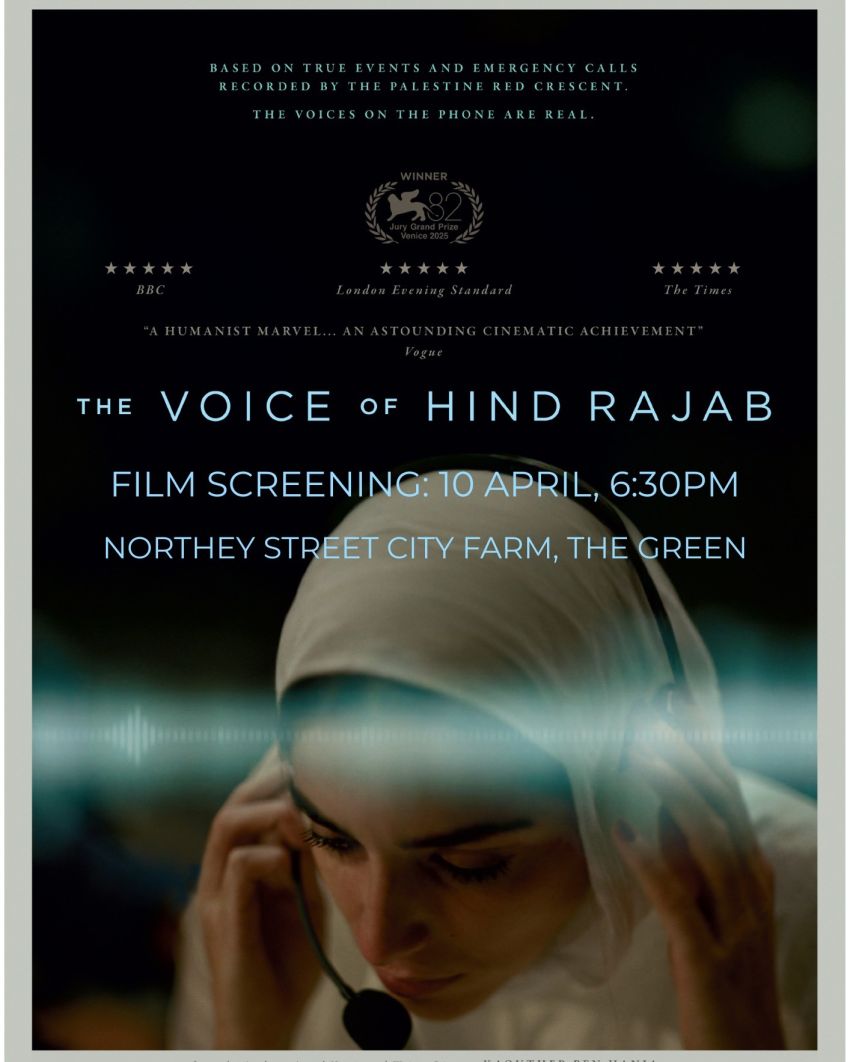 Artwork and poster for event Outdoor Film Screening - The Voice of Hind Rajab, 6:30pm-9pm 10/04/2026 Northey Street City Farm, 16 Victoria St, Windsor QLD 4030 