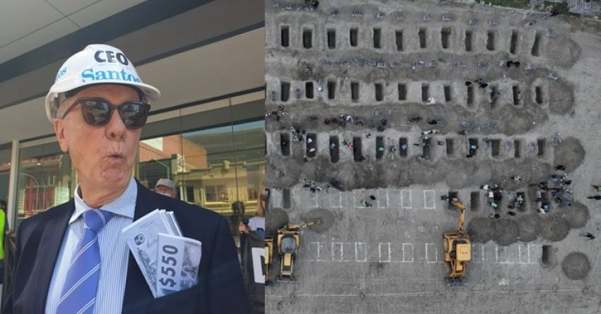 Side-by-side collage of protestor dressed as Santos CEO and graves of Iranian schoolchildren murdered by United States in attack on Iran