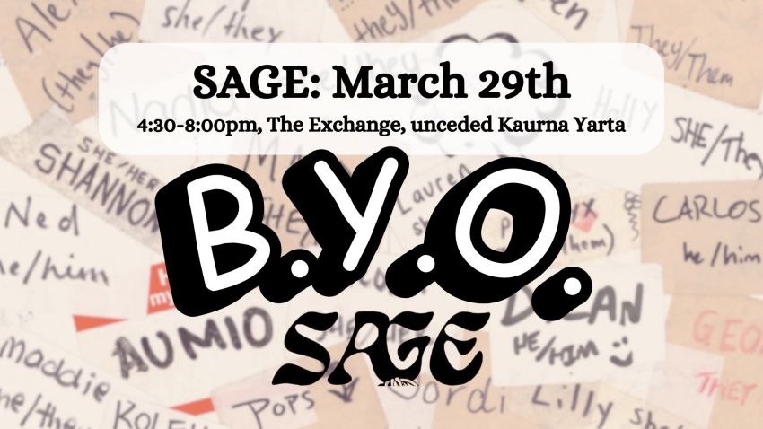 Artwork and graphic for event SAGE monthly gathering – B.Y.O. SAGE, 5pm-8:30pm 29/03/02026 The Exchange, 55 Exchange Place, Adelaide SA 5000